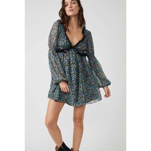 Free People Pennie Babydoll Floral Sheer‎ Mini Dress Black Size M Fairy Grunge - Picture 1 of 11
